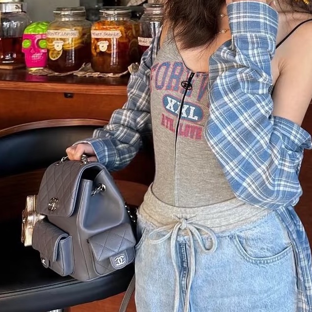 CHANEL香奈兒灰色羊皮款duma小號雙肩包芯片款閒置帶膜全配🈶購證-0