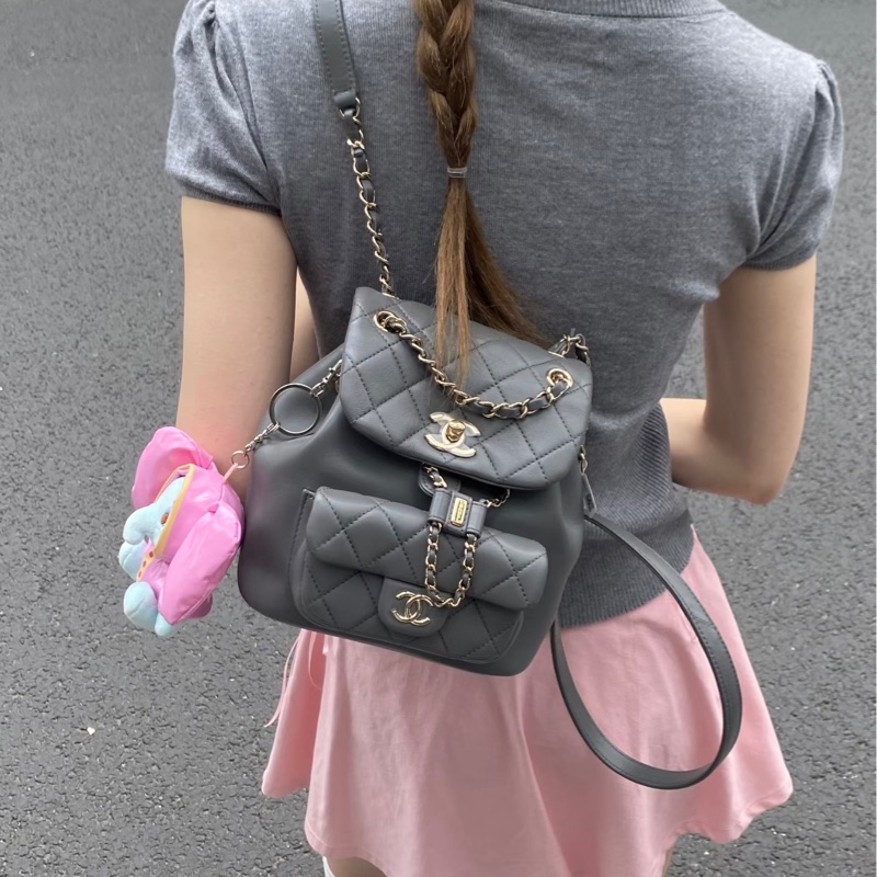 CHANEL香奈兒灰色羊皮款duma小號雙肩包芯片款閒置帶膜全配🈶購證-9