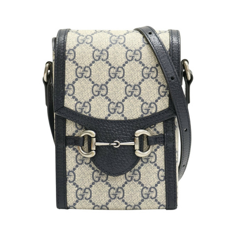 深藍/卡其色 帆布 牛皮 Horsebit Mini 1955 肩背包【GUCCI 古馳】 625615