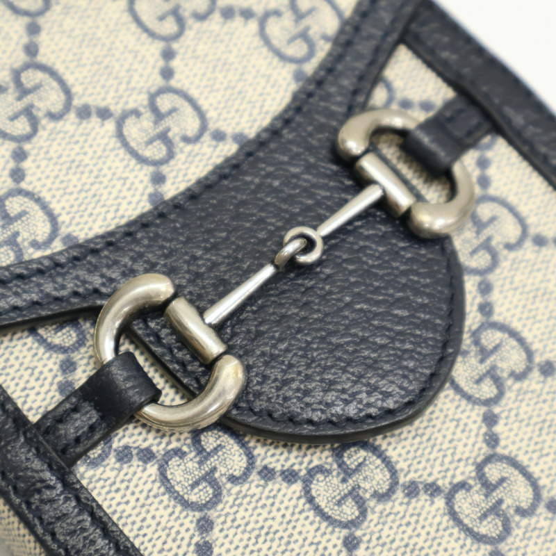 深藍/卡其色 帆布 牛皮 Horsebit Mini 1955 肩背包【GUCCI 古馳】 625615-5