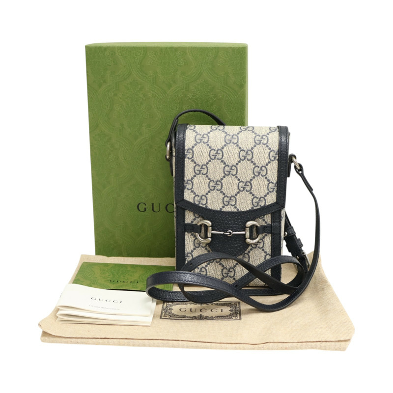 深藍/卡其色 帆布 牛皮 Horsebit Mini 1955 肩背包【GUCCI 古馳】 625615-6