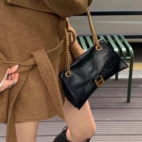 Balenciaga巴黎世家 crush 做舊 黑金 油蠟牛皮革 可手提斜挎單肩 小號