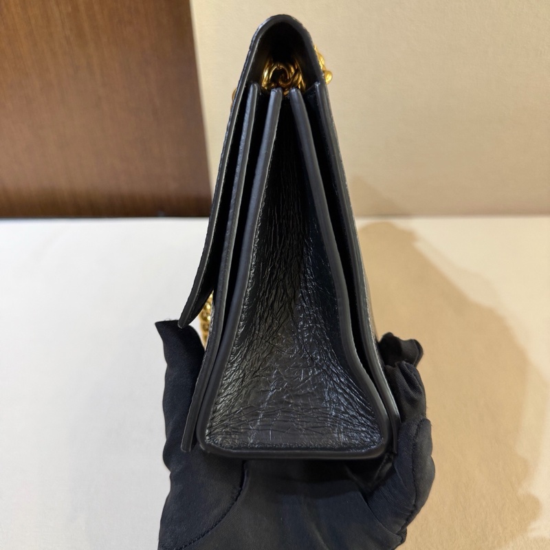 Balenciaga巴黎世家 crush 做舊 黑金 油蠟牛皮革 可手提斜挎單肩 小號-2