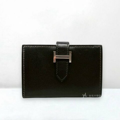 A10406-HERMES Bearn 89黑色box皮銀扣對開卡夾