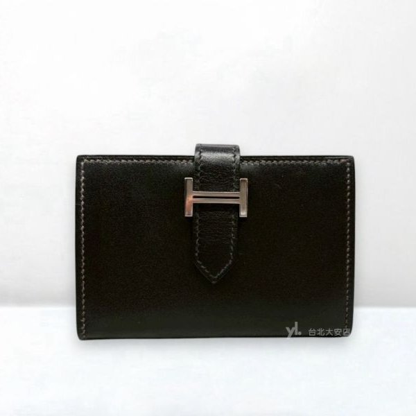 A10406-HERMES Bearn 89黑色box皮銀扣對開卡夾-0
