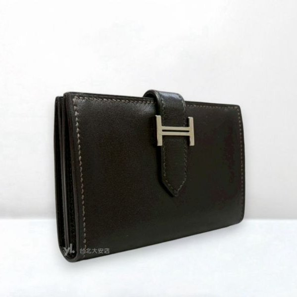 A10406-HERMES Bearn 89黑色box皮銀扣對開卡夾-1