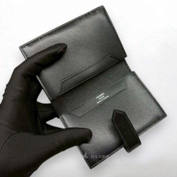 A10406-HERMES Bearn 89黑色box皮銀扣對開卡夾-5