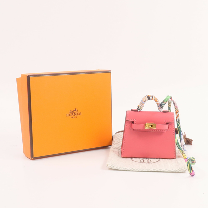 HERMES Tadelakt皮革Mini Kelly Twilly Bag掛飾Rose Azalee-6