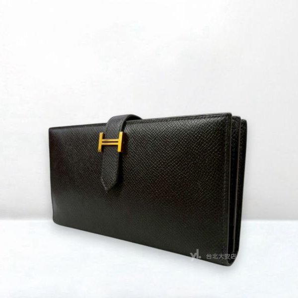 A10199-Hermes BearnWallet黑色epson金釦H長夾-2