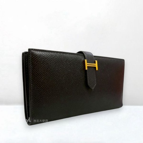 A10199-Hermes BearnWallet黑色epson金釦H長夾-3