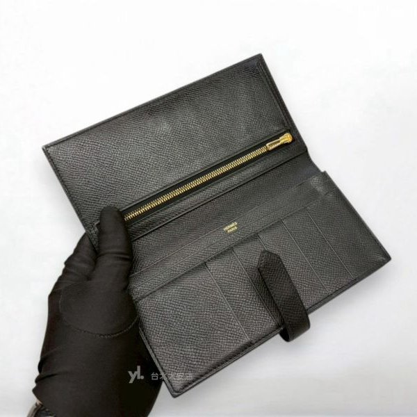 A10199-Hermes BearnWallet黑色epson金釦H長夾-5