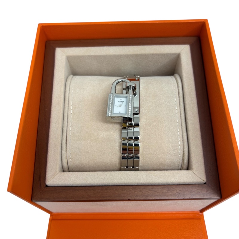 Hermès 愛馬仕Kelly鎖頭錶 女款 白盤鑲鑽 石英機芯 鋼帶 三合一設計 附原盒 成色幾乎全新 細節-0