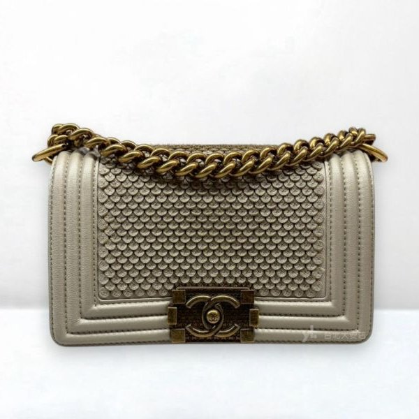 A8120-Chanel Boy金屬灰小羊皮復刻金鍊皮辮設計20cm包A92699-0