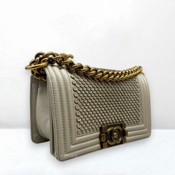 A8120-Chanel Boy金屬灰小羊皮復刻金鍊皮辮設計20cm包A92699-1