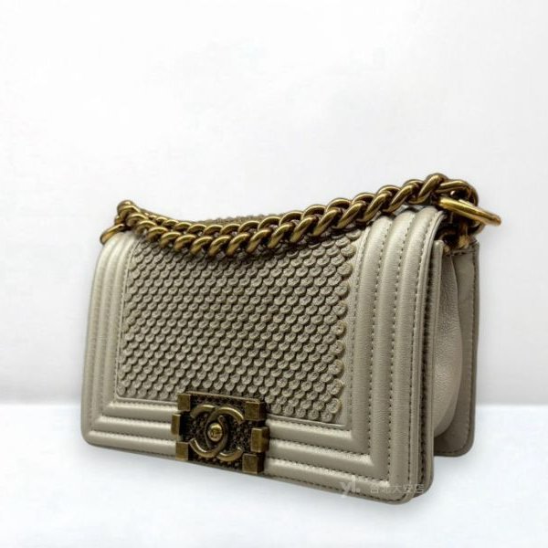 A8120-Chanel Boy金屬灰小羊皮復刻金鍊皮辮設計20cm包A92699-2
