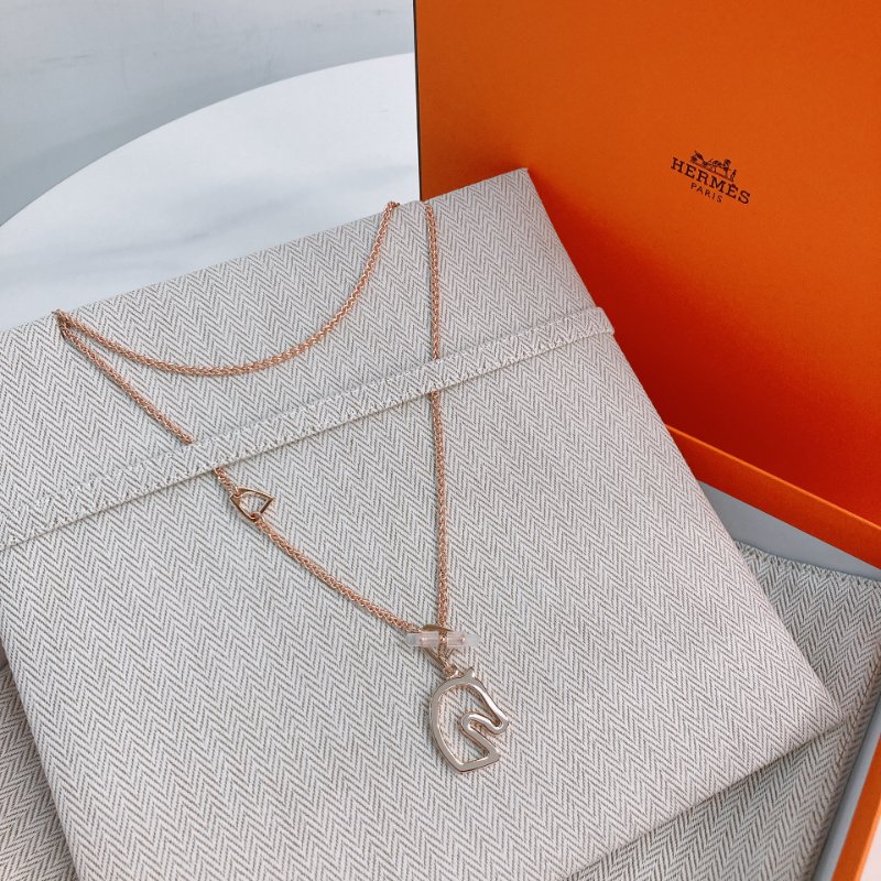 MS0729 Hermes 2026新款 馬頭 邊框 可調節 長短 項鍊 奶茶灰 玫瑰金色 Tonnerre Necklace Marron Glace x RGHW-2