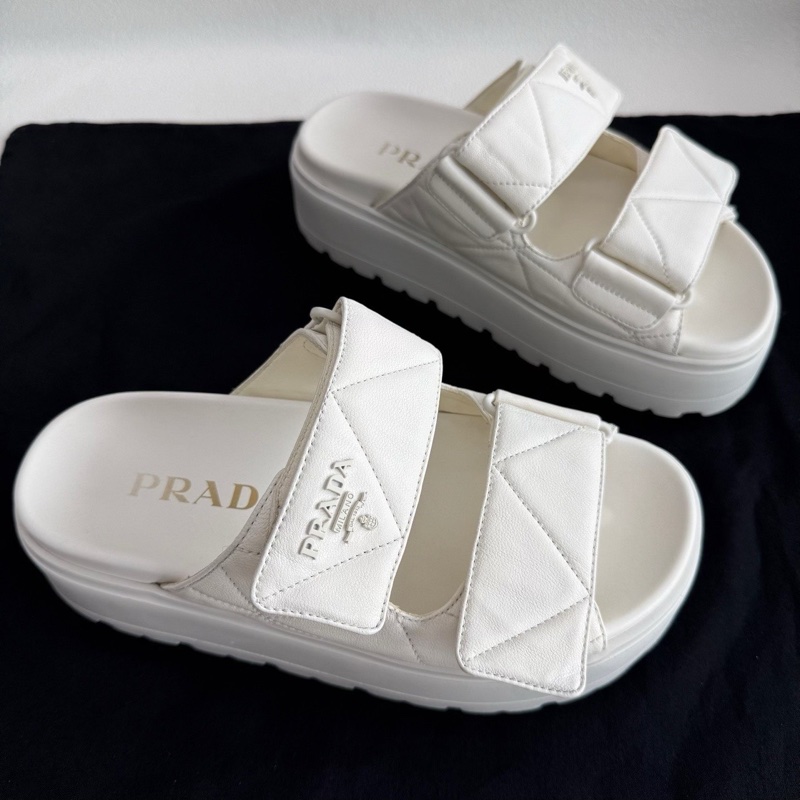 PRADA普拉達 皮革 字母徽標 一字拖鞋 4.5cm 白色35碼-2
