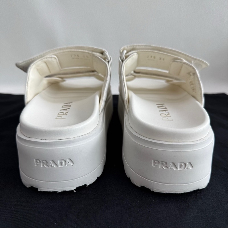 PRADA普拉達 皮革 字母徽標 一字拖鞋 4.5cm 白色35碼-4