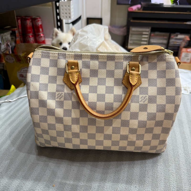 lv speedy 30 可側背 95成新以上 邊角如圖 白棋盤格-0