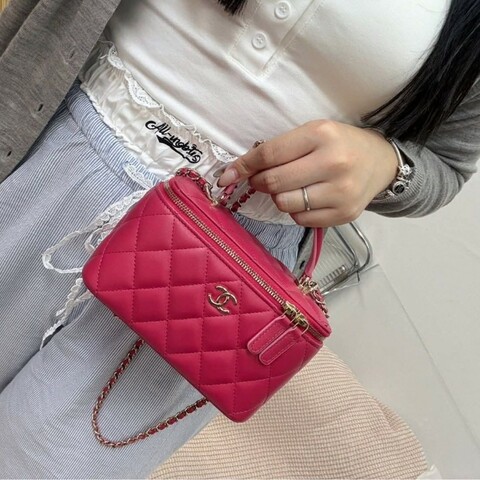 Chanel 手提把款小羊皮 深粉拼淺粉色金扣長盒子