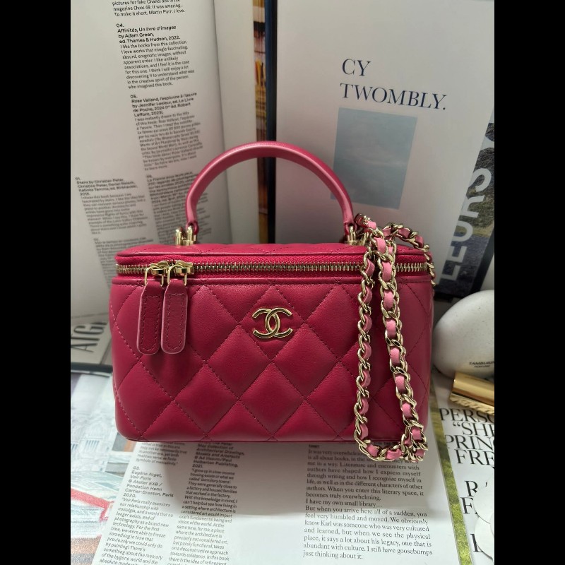 Chanel 手提把款小羊皮 深粉拼淺粉色金扣長盒子-2