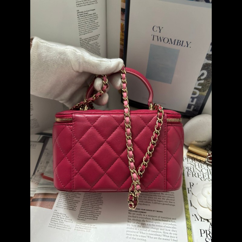 Chanel 手提把款小羊皮 深粉拼淺粉色金扣長盒子-4