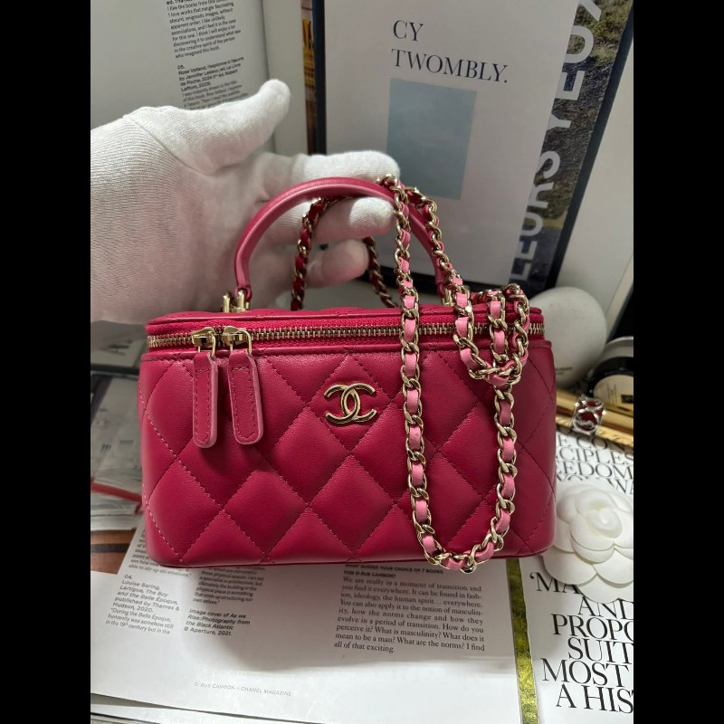 Chanel 手提把款小羊皮 深粉拼淺粉色金扣長盒子-6