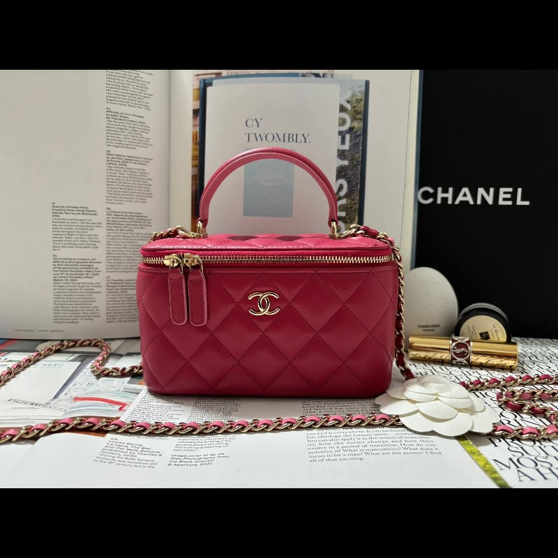 Chanel 手提把款小羊皮 深粉拼淺粉色金扣長盒子-7