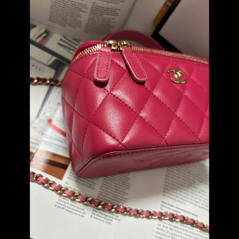 Chanel 手提把款小羊皮 深粉拼淺粉色金扣長盒子-10