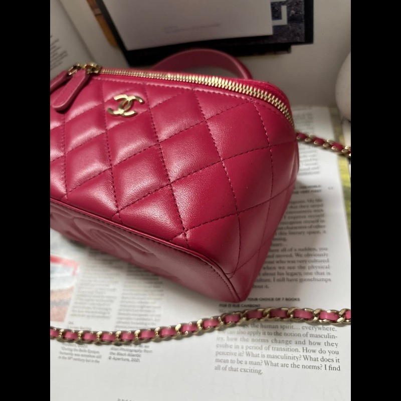 Chanel 手提把款小羊皮 深粉拼淺粉色金扣長盒子-11
