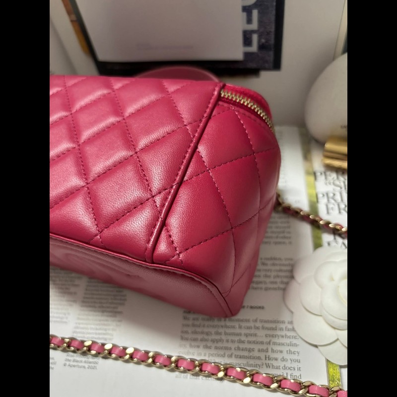 Chanel 手提把款小羊皮 深粉拼淺粉色金扣長盒子-12