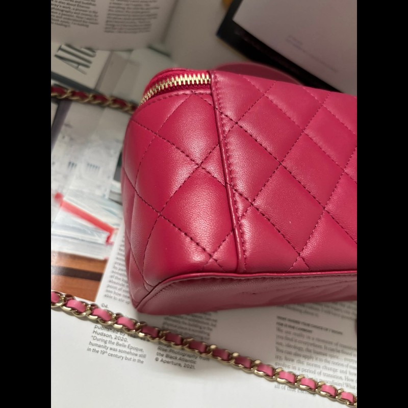 Chanel 手提把款小羊皮 深粉拼淺粉色金扣長盒子-13