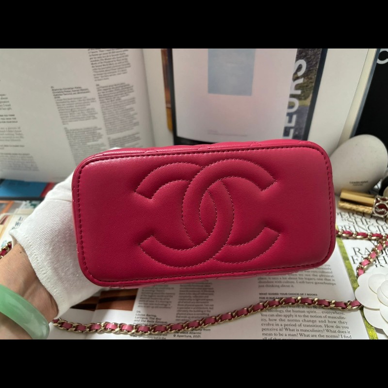 Chanel 手提把款小羊皮 深粉拼淺粉色金扣長盒子-14