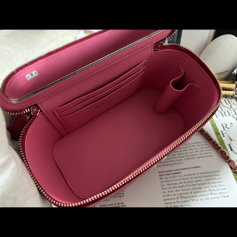 Chanel 手提把款小羊皮 深粉拼淺粉色金扣長盒子-15
