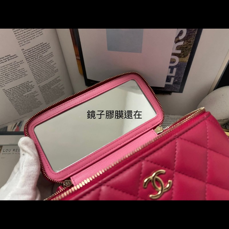 Chanel 手提把款小羊皮 深粉拼淺粉色金扣長盒子-16