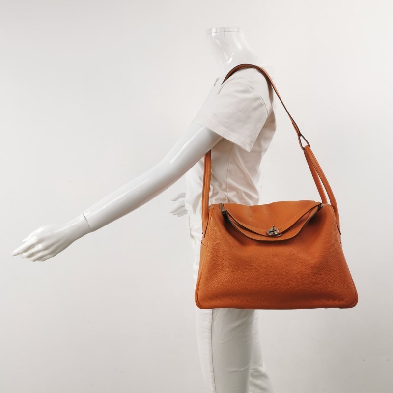 Hermes Lindy34旋扣單肩包Clemence（TC）牛皮銀扣93愛馬仕橙框R刻-1