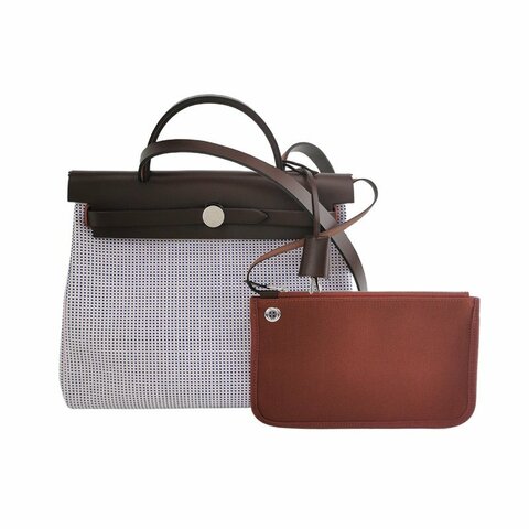 Hermes Herbag31馬鞍釘鎖扣斜挎包單肩包Hunter牛皮帆布銀扣彩色0G馬鞍紅Z刻