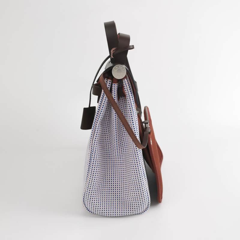 Hermes Herbag31馬鞍釘鎖扣斜挎包單肩包Hunter牛皮帆布銀扣彩色0G馬鞍紅Z刻-2