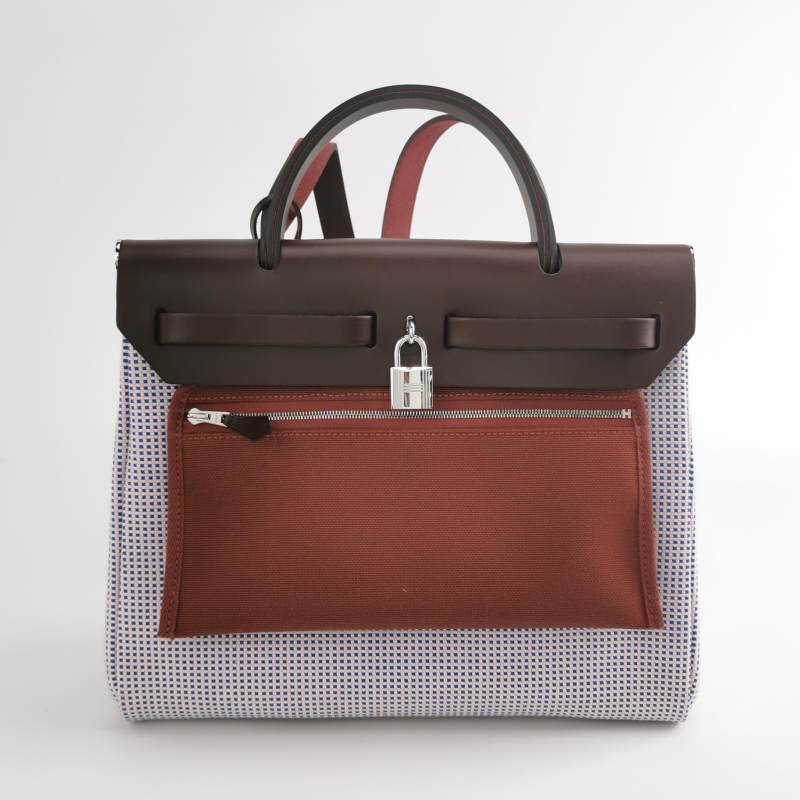 Hermes Herbag31馬鞍釘鎖扣斜挎包單肩包Hunter牛皮帆布銀扣彩色0G馬鞍紅Z刻-4