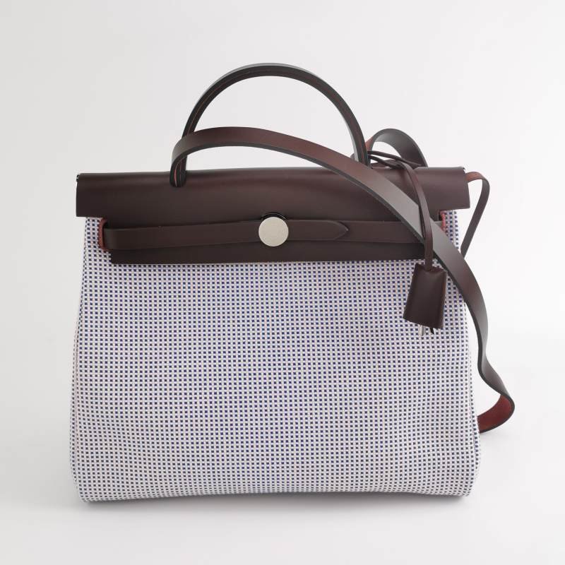 Hermes Herbag31馬鞍釘鎖扣斜挎包單肩包Hunter牛皮帆布銀扣彩色0G馬鞍紅Z刻-7