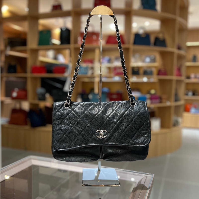 Chanel黑银鱼子酱双口袋机场包链条包-0