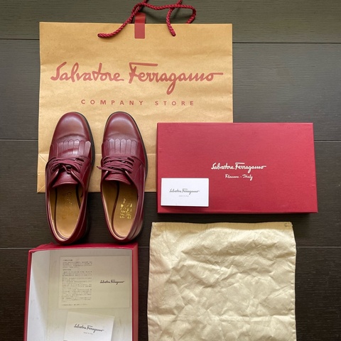 Salvatore Ferragamo 經典 FABER 酒紅小牛皮流蘇德比鞋/牛津鞋 (女鞋7.5D/約8成新全配附提袋/已加底)