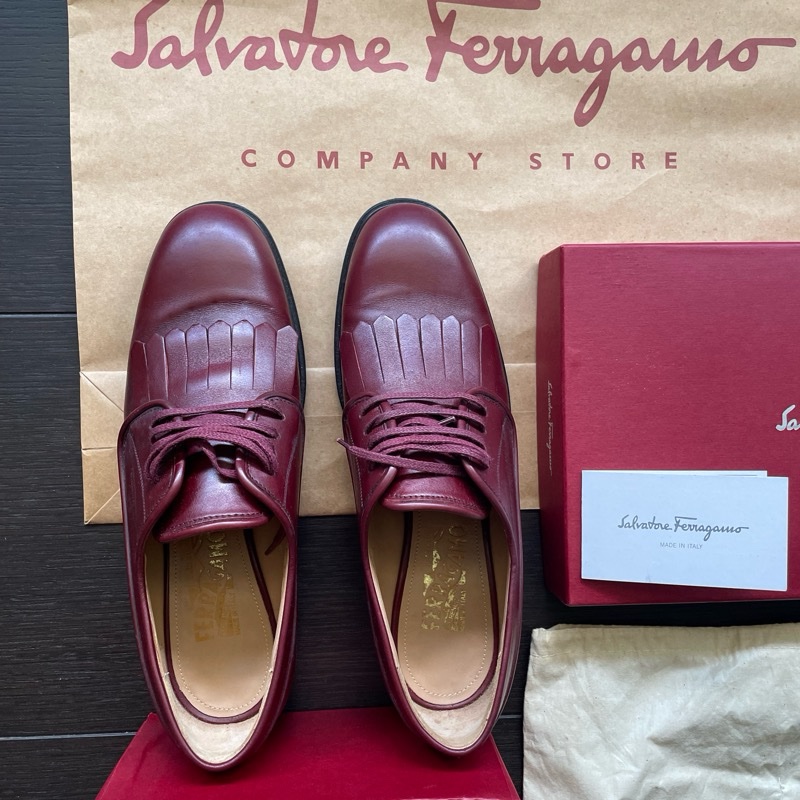 Salvatore Ferragamo 經典 FABER 酒紅小牛皮流蘇德比鞋/牛津鞋 (女鞋7.5D/約8成新全配附提袋/已加底)-2