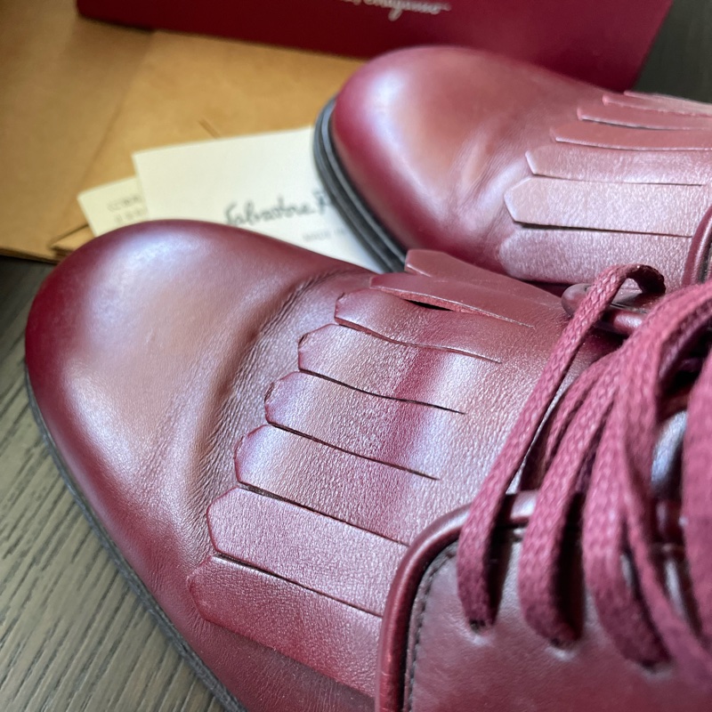 Salvatore Ferragamo 經典 FABER 酒紅小牛皮流蘇德比鞋/牛津鞋 (女鞋7.5D/約8成新全配附提袋/已加底)-20