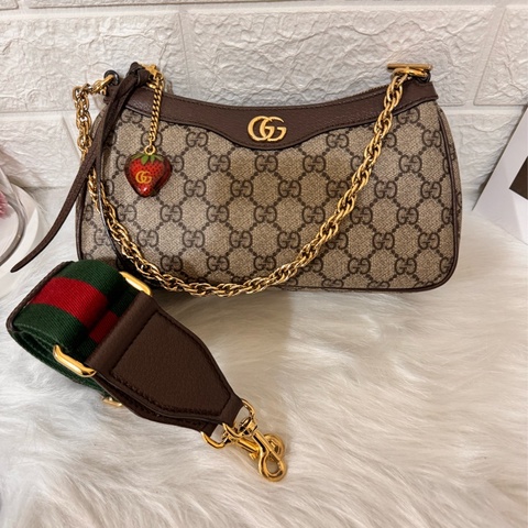 GUCCI Ophidia 金鍊GG防水布皮邊紅綠織帶斜背/肩背包