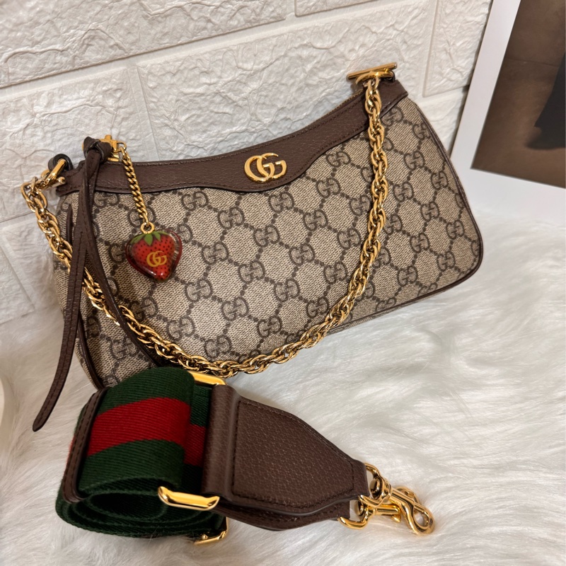 GUCCI Ophidia 金鍊GG防水布皮邊紅綠織帶斜背/肩背包-2