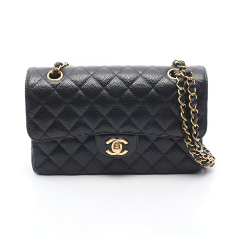 香奈兒 (CHANEL) 絎縫雙蓋鏈條肩背包，黑色皮革，金色五金，二手 CC