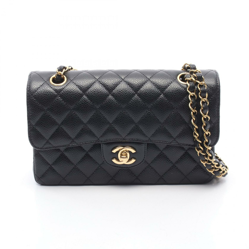 香奈兒 (CHANEL) 絎縫雙蓋鏈條肩背包，黑色皮革，金色五金，二手 CC-0