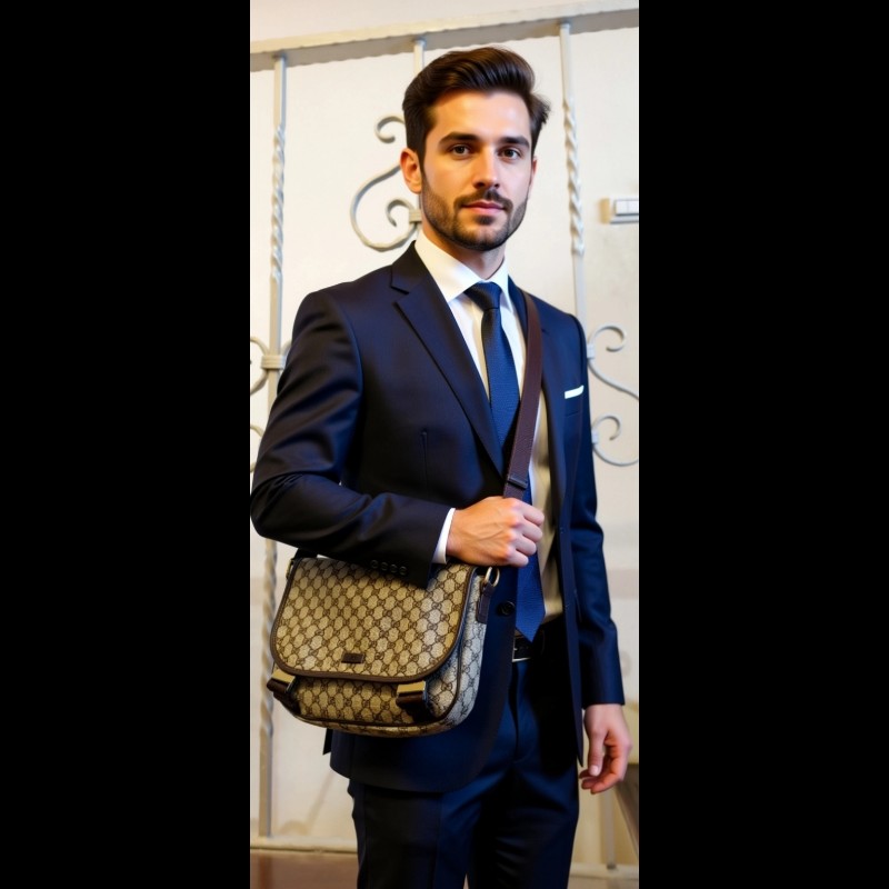 ​【GUCCI】經典 GG Supreme 雙 G 帆布中性斜背信差包/郵差包（保證正品/包況極佳）-6
