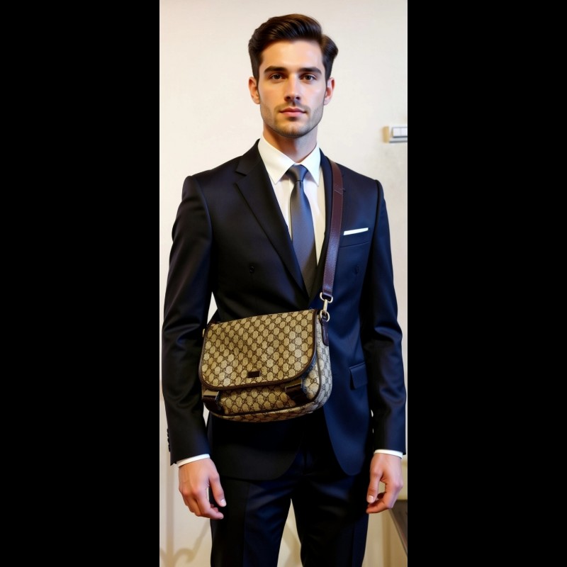 ​【GUCCI】經典 GG Supreme 雙 G 帆布中性斜背信差包/郵差包（保證正品/包況極佳）-7
